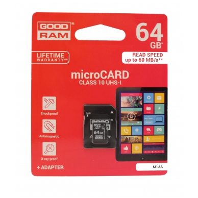 Atminties korta GOODRAM MicroSD 64Gb UHS I (class 10) + SD adapter