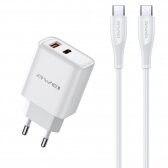 Įkroviklis Awei PD81C-EU USB-A/USB-C + USB-C to USB-C cable baltas