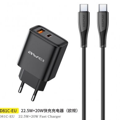 Įkroviklis Awei PD81C-EU USB-A/USB-C + USB-C to USB-C cable juodas