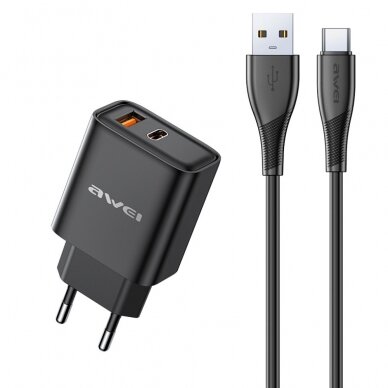 Įkroviklis Awei PD81T-EU USB-A/USB-C + USB to USB-C cable juodas