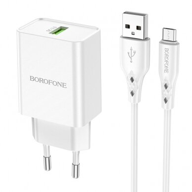 Įkroviklis buitinis Borofone BN5 QC 3.0 18W + microUSB, baltas