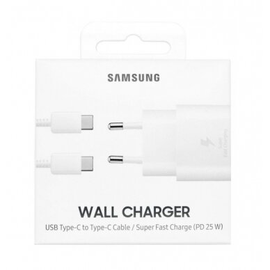 Įkroviklis originalus Samsung Super Fast Charging PD EP-TA800 25W + Type-C kabelis 25W pakuotėje baltas