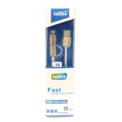 USB kabelis "Tellos" TPE 2in1 "microUSB"-"Lightning" auksinis, 1.2m